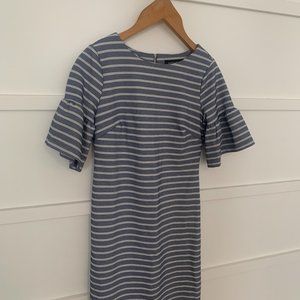 Ivanka Trump Size 2 Denim Blue Stripe Crewneck Dress with Bell Sleeves